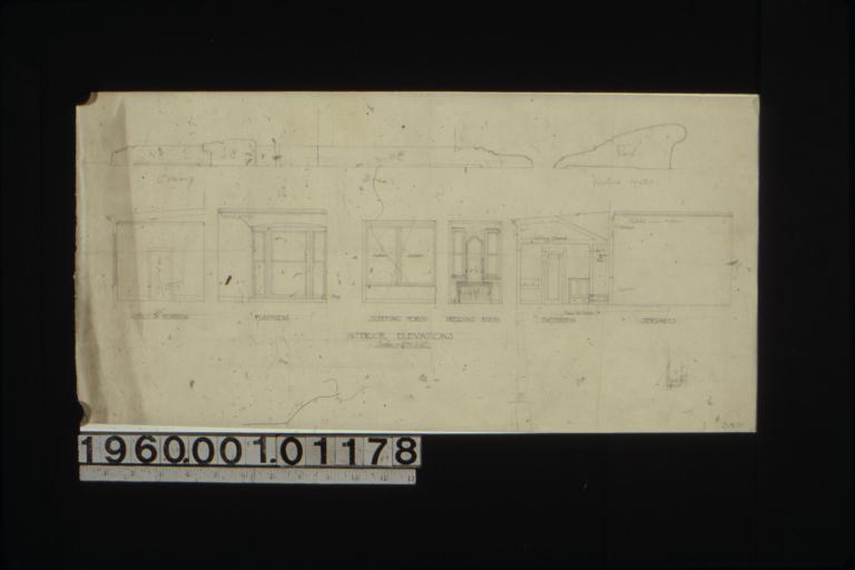 Interior elevations -- child's bedroom\, playroom\, sleeping porch\, dressing room\, bathroom\, servants' room; details in sections of moulding; unidentified rough detail sketches.
