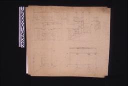 1/2 inch scale details of hall and front stairs -- east elevation of hall with joining of window casings on stairs; casement (same detail for screens to this window); section through stairs; stair plan; west elevation and part plan of hall