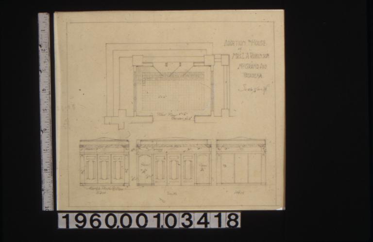 Plan of tiled floor area\, with interior elevations -- east\, south\, west.