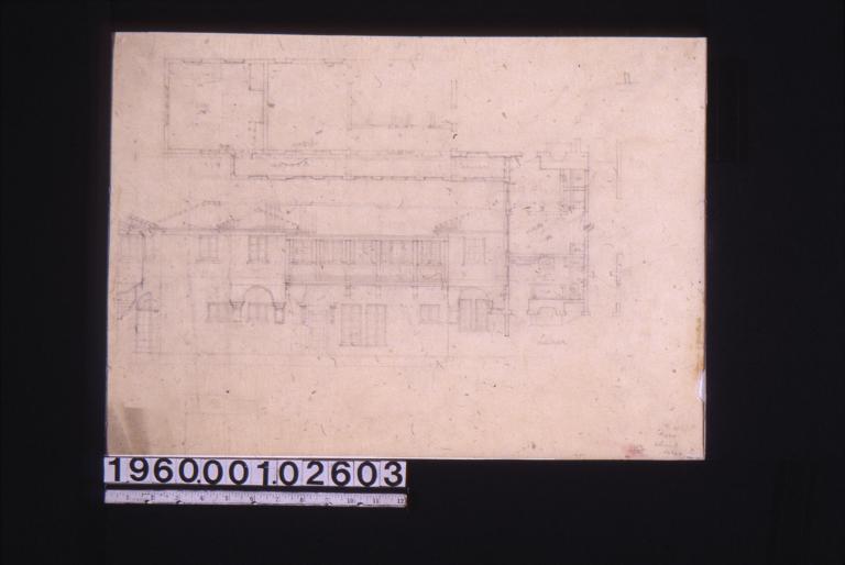 Scheme 3\, -- partcial plan of second floor\, elevation showing gallery\, side view of projecting part on elevation : No. 1\,