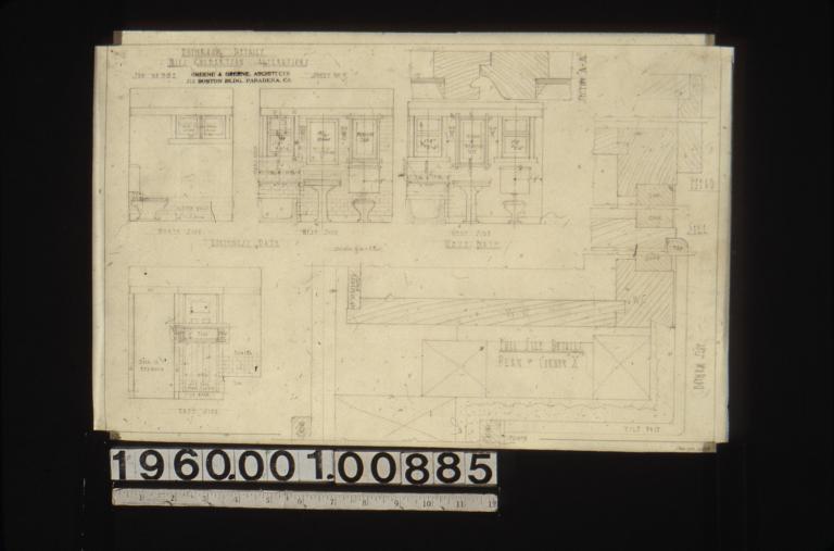 Bathroom details -- elevations of north side\, west side and east side of northwest bath; full size details showing plan of corner "X" in northwest bath\, and section "A-A" in west bath : Sheet no. 9.