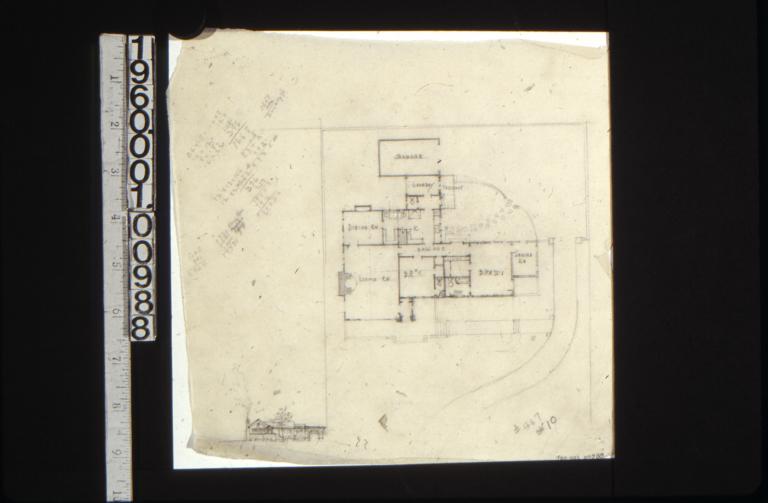 First floor plan showing grounds\, rough sketch of front elevation\, scheme #10.