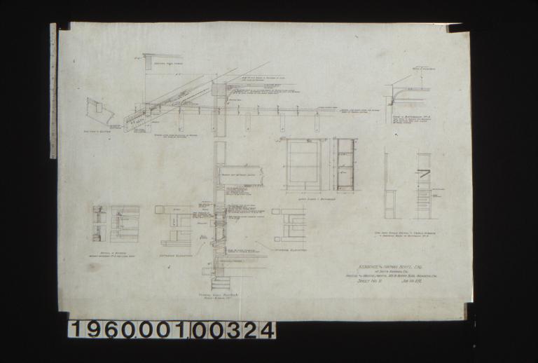 Typical wall section\, section thro' verge\, end view of gutter\, detail of window between bathroom no. 3 and linen room detail drawings of linen cases in bathroom\, sections of cove in bathroom no. 3 (also cove in alcove off bedroom no. 3 omitting tile and having 3 3/4" head casing)\, one inch scale detail of triple mirror in dressing room and bathroom no. 3 : Sheet no. 11. (2)