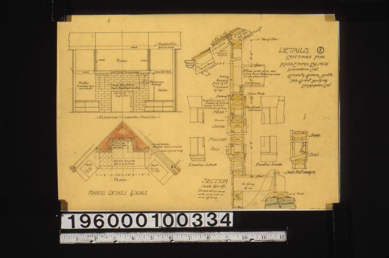 Details -- elevation and plan of living r'm mantel\, typical section through wall with portions of elevation outside and elevation inside\, section of sash that swings in : 8.