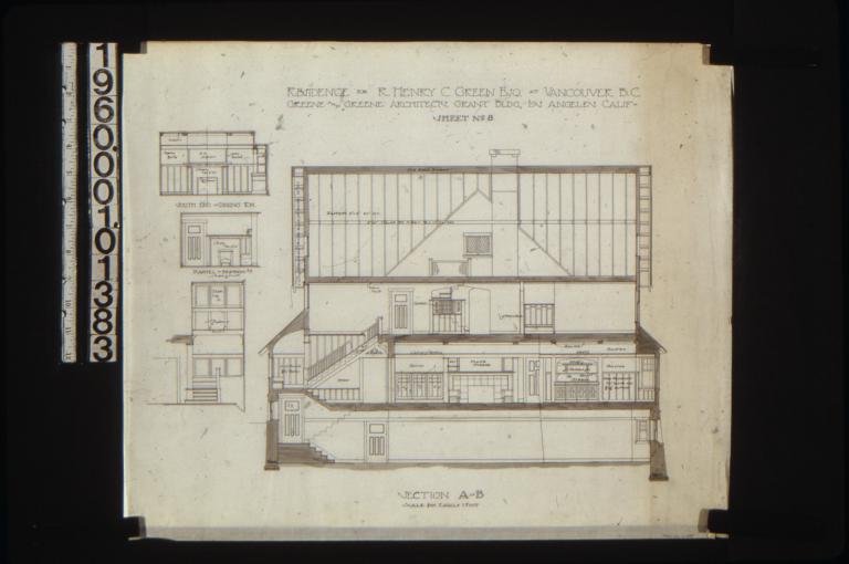 Section A-B through entire house; Interior elevations -- south end of dining rm\, mantel in bedroom #5\, staircase area : Sheet no. 8.