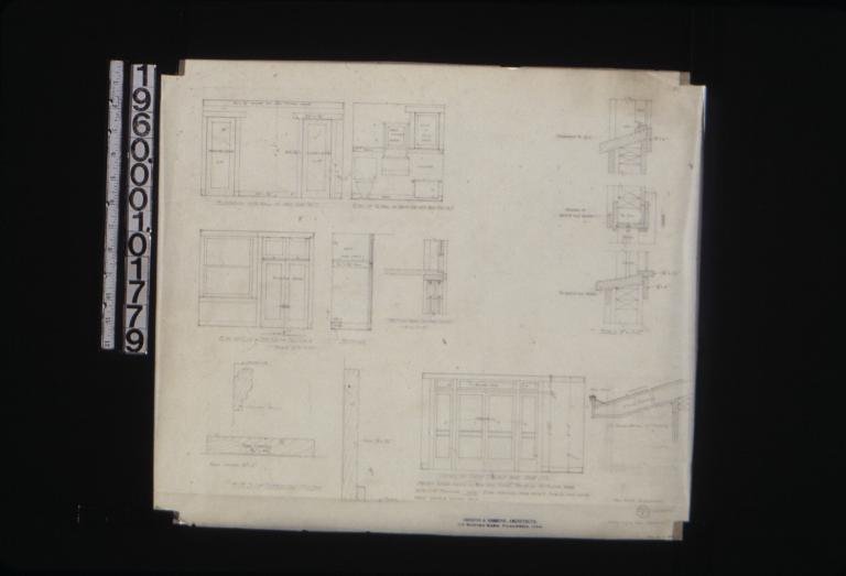 Elevation of west wall of bedrm. no. 7\, elev. of W. wall of bathrm. off bedrm. no. 7\, elevation of closet in sun rm. off bedrm. 4 with section and section thru sliding doors\, F.S.D. of interior finish\, detail of sash doors and side 1ts\, section through window\, 1 1/2" scale detail of cornice : 8. (3)