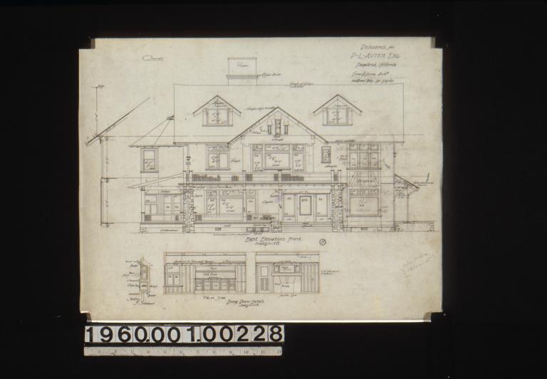 East elevation (front)\, section through wall; dining room details -- section of sideboard\, elevations of west side and north end : 5.