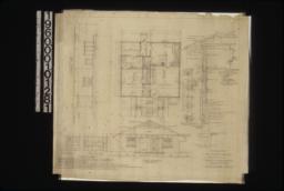 Side elevation\, floor plan\, front elevation; elev. of china closet\, elev. in kitchen; sleeping porch details in sections and plan of walls; typical wall section; detail of gable vents; detail of front door jamb : Sheet no. 1 /