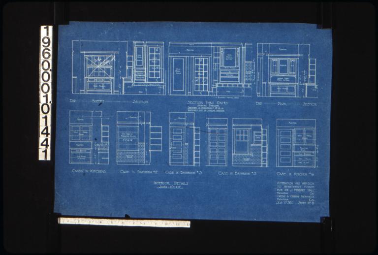 Interior details -- buffet; section thru entry showing dresser (dresser in apartment no. 8 is narrower but of similar design); desk; cases in kitchens; case in bathroom #2; case in bathroom #3; case in bathroom #5; case in kitchen #6 : Sheet no. 8.