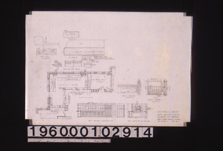 Case details as revised -- detail drawings of north table and benches; plan of drivers room and Mr. Merrihew's room; detail of small brackets for counter; plan and section of money drawer; part sectional elevation B-B; front and side elevations of counter and bookcase\, north wall : Sheet no. 4.