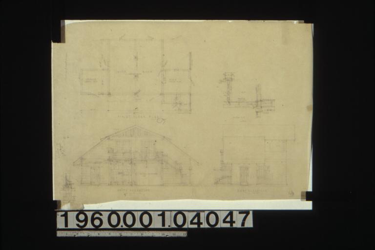 First floor plan; section A-A; section through footing; south elevation; east elevation.