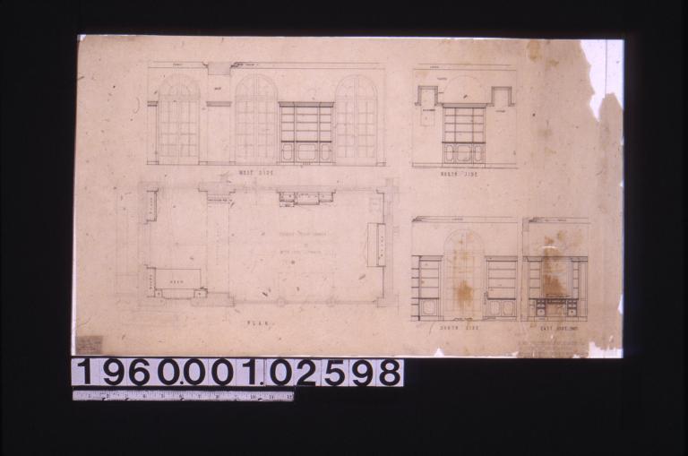 1/2 inch scale details of remodeling of sun roominto a library -- plan\, interior elevations of west side\, north side\, south side\, east side (part)\,