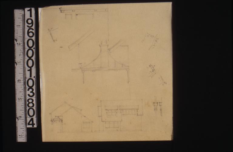 Sketches -- section\, elevation\, front and side elvations of drain pipe\, elevation of eaves\, other exterior details