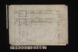 Partial site plan showing driveway\, oval lawn and foundation plan of garage and outbuildings; ground floor plan of garage and outbuildings (cement floor) : Sheet no. 1. (2)