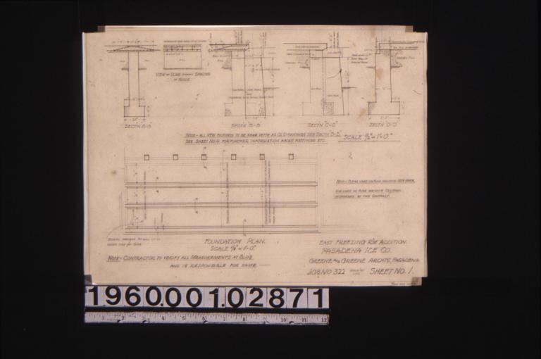 Foundation plan with sections\, view of slab showing spacing of roads : Sheet no. 1.