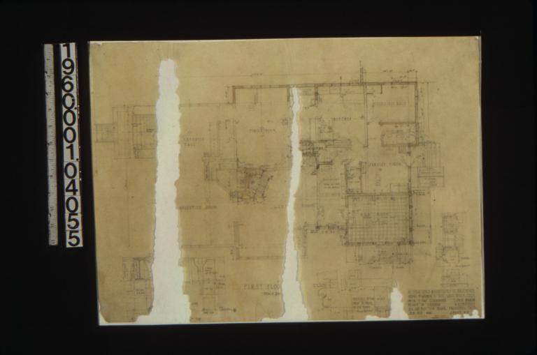 First floor plan; vertical section thro' so. beam of sun room; details in sections\, elevations and plan
