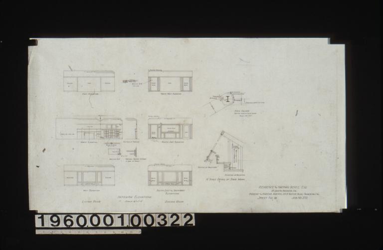 1 1/2" scale detail of stair work -- section of balusters\, elevation of baluster\, stair column (section in plan taken at top of column); interior elevations of living room and dining room with details in sections : Sheet no. 10.