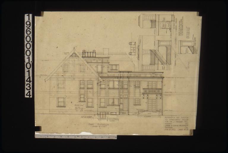 East elevation; elevations of stairs looking west and looking south\, section G-G through stairs (2nd floor plan) : Sheet no. 5.