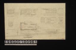 Floor plan; exterior elevations -- east elevation\, north elevation\, south elevation; interior elevations -- north side of room\, elev. beam\, south side of room\, west end : Sheet no. 1.