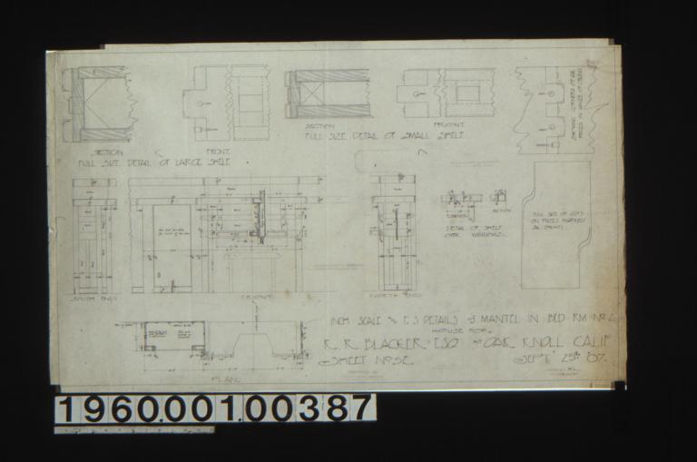 Inch scale and F. S. details of mantel in bedr'm no. 2 -- full size detail of large shelf showing section and front\, full size detail of small shelf showing section and front\, detail of shelf over windows in elevation and section\, full size detail of cuts on peices marked "A" (front)\, detail drawing showing showing corners of 6 1/2" pieces in angle of ceiling\, elevations of south end\, front and north end of mantel\, plan of mantel : Sheet no. 52\,