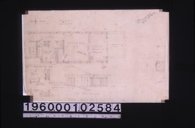Partial plan of second floor\, part west elevation\, plan showing change in pantry on first floor\, unidentified plan : 1-4R\,