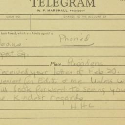 Telegram: 1960 February 24