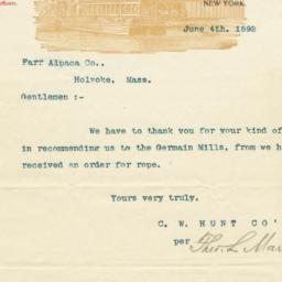 C. W. Hunt Company. Letter