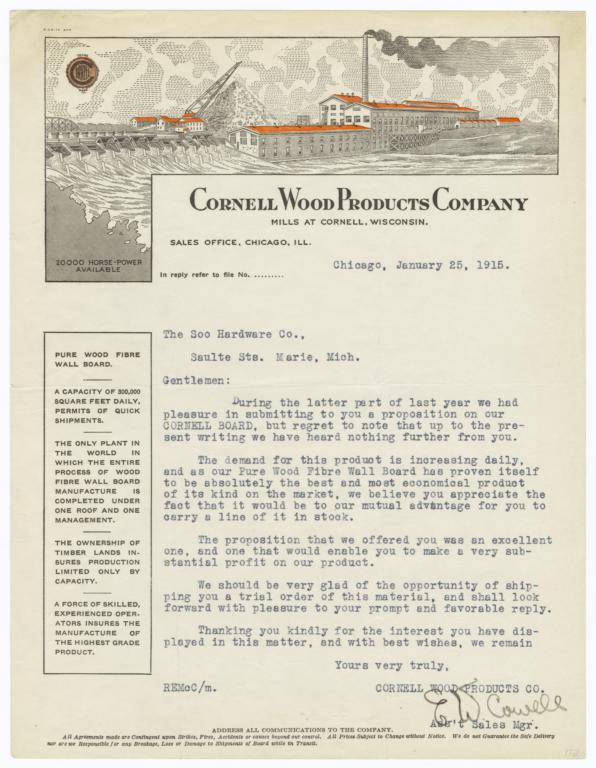 Cornell Wood Products Company. Letter - Recto
