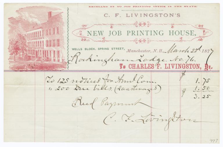 C. F. Livingston's Job Printing House. Bill - Recto
