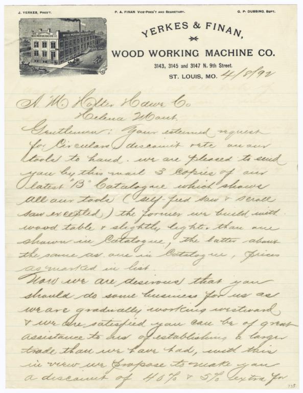 Yerkes & Finan Wood Working Machine Co.. Letter - Recto