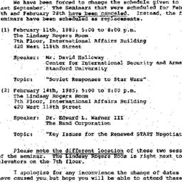 Announcements, 1985-01-15. ...
