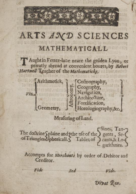 First page of treatise entitled, 'Arts and Sciences Mathematicall'